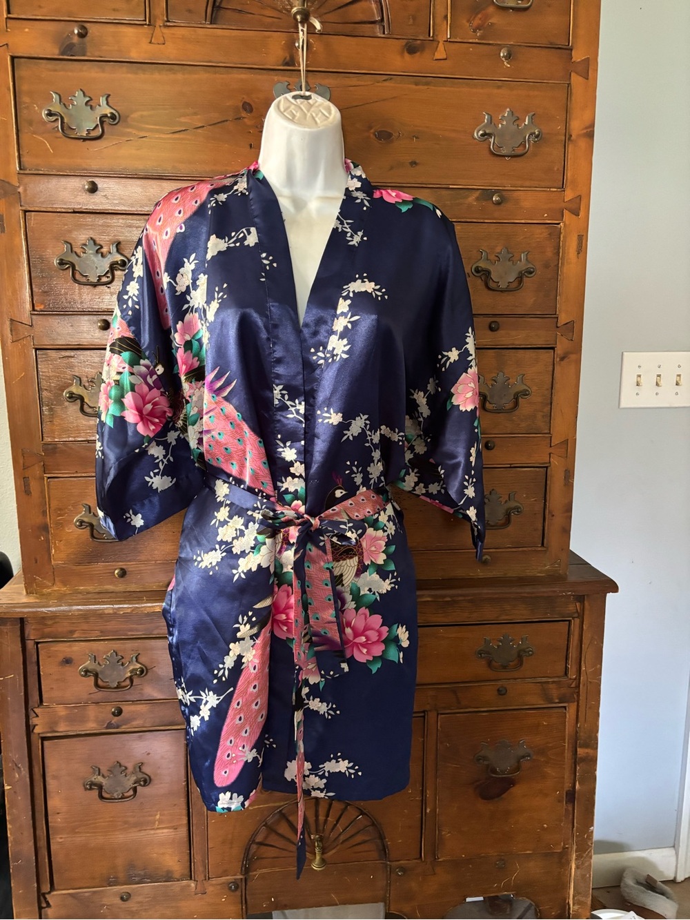 Navy Floral Satin Kimono Robe with Belt One Size New No Tags